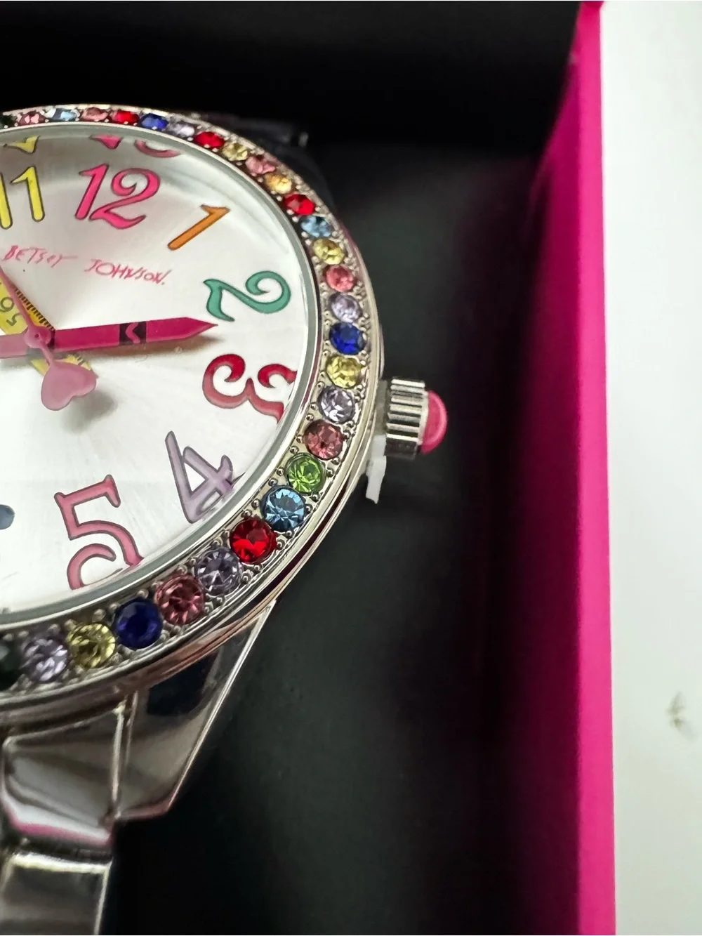 NWT Betsy Johnson Multicolor Crystal Bezel Silver Bracelet Watch